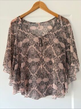 Robin K Sheer Lace-Print Tie-Neck Blouse
